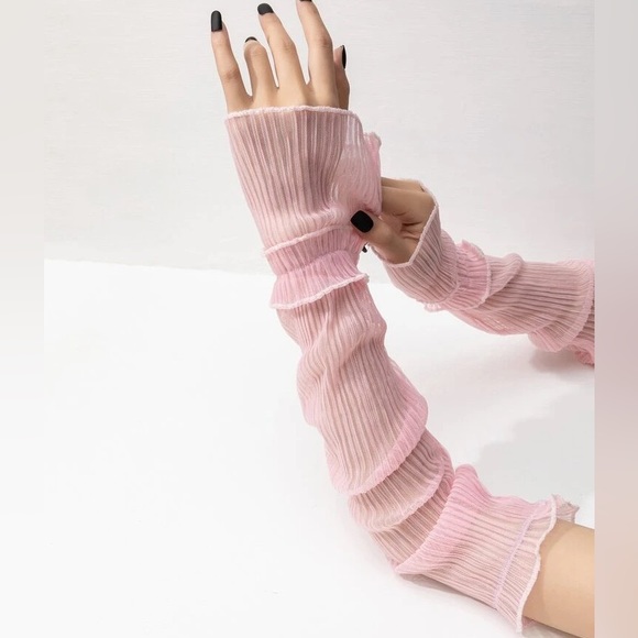 Pink Sheer Ruched Look Pull Up Arm Sleeves Glove - Picture 2 of 5